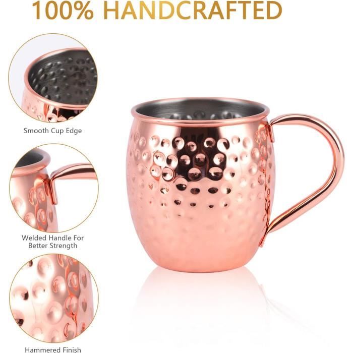 Moscow Mule Lot de 4 tasses en cuivre massif 100 % fabriquées à la main avec 4