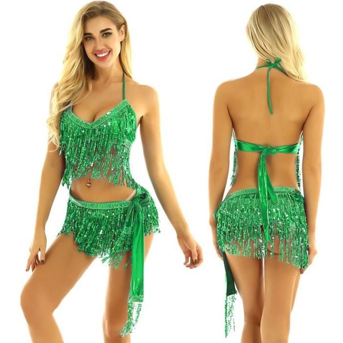Jupe Danse Du Ventre Avec Franges - Pour Salsa, Rumba, Danse Latine - Tissu Brillant, Ceinture Élastique - 9