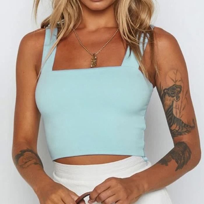 Femmes Sexy Sans Manches Larges Bretelles Dos Nu Solide Crop Top Slim Fit Debardeur Bleu Clair Bleu Clair Cdiscount Pret A Porter