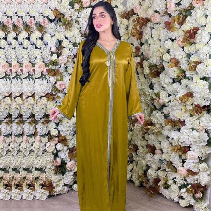 Robe Sisakia Robe djellaba pour femme pour automne 2020 empiecement ruban dore col en V manches longues Type yellow abaya Blanc Cdiscount Pret a Porter
