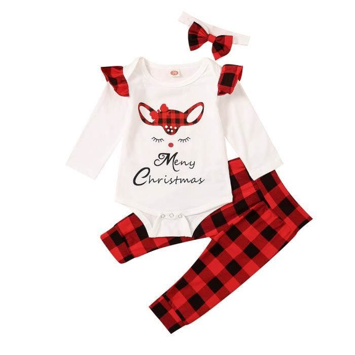 Ensemble Vêtements Bébé Garçon Noël 3 Pièces - Barboteuse Père Noël + Pantalon Carreaux + Chapeau