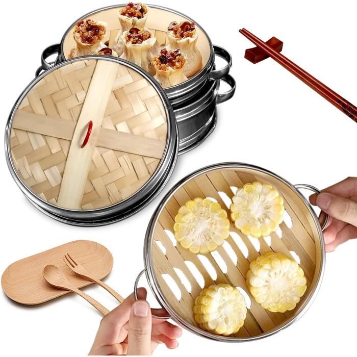 Panier Vapeur Bambou 20cm 2 Étages - Cuiseur Vapeur Naturel Pour Dim Sum, Raviolis, Légumes - + Papiers Cuisson