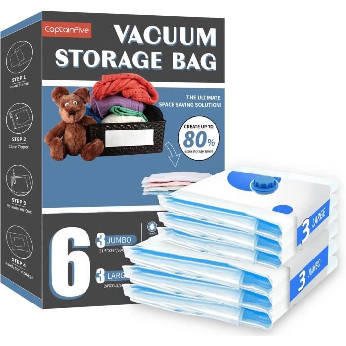 Lot De 6 Sacs Sous Vide Pour Vêtements Et Couettes - 3 Tailles (50x70, 60x80, 80x100 Cm) - Avec Pompe Manuelle - Gain De Place, Protection Poussière
