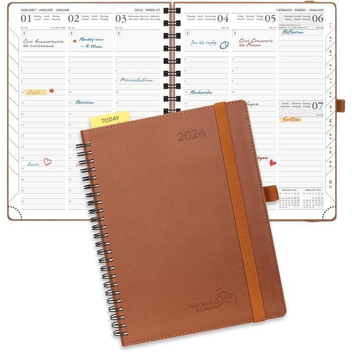 Agenda 2024 Semainier POPRUN - 22x16,5 Cm, Couverture Souple Spirale, Pages De Janvier à Décembre, Papier 100g/m² - Bleu Vert - 2