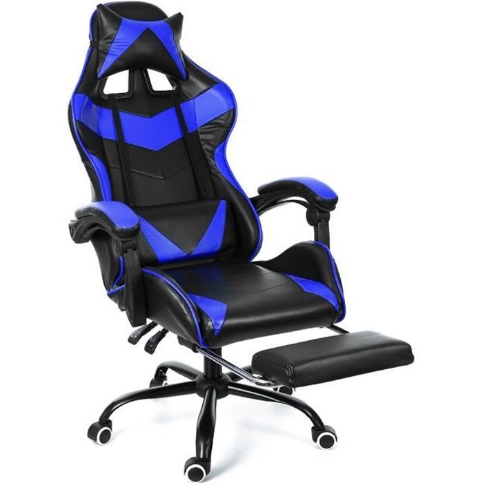 chaise gamer fauteuil de bureau inclinable 150˚ hauteur réglable noir et bleu