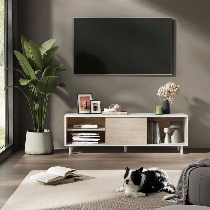 VASAGLE Meuble TV Montage Rapide Toolless Banc 140 x 39 x 45 cm Blanc Nuage et Beige Naturel