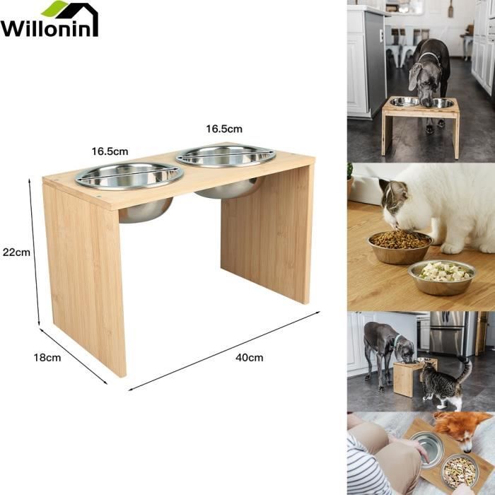Comparer les prix de Willonin® Support Gamelle pour Animal, Support en Bois avec 2 Gamelles INOX de Grande Taille, Aliments pour Chien et Chat