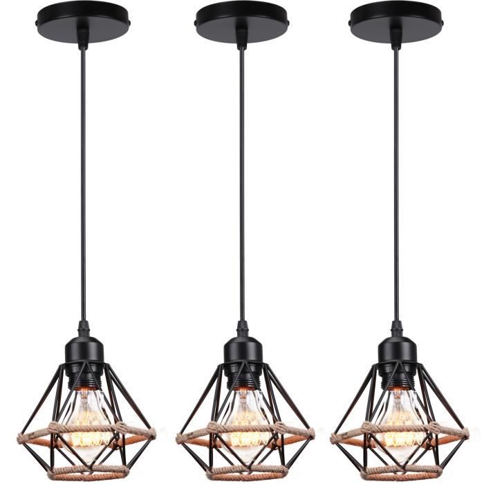 UNI 3 Pack Pendentf Suspension Lustre Design Vintage Industrielle en Corde de Chanvre Plafonnier Lustre Salon Chambre Escalier Noir