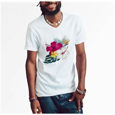 T shirt Homme Col V Hibiscus Fleurs Tropicales Exotique Jungle Blanc Cdiscount Pret a Porter