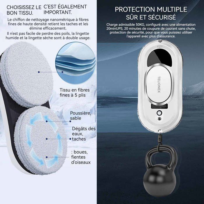 Robot Nettoyeur Vitre - 5600Pa Robot Laveur De Vitre Automatique Avec Télécommande - Système De Sécurité - Navigation Intelligente - Electroménager