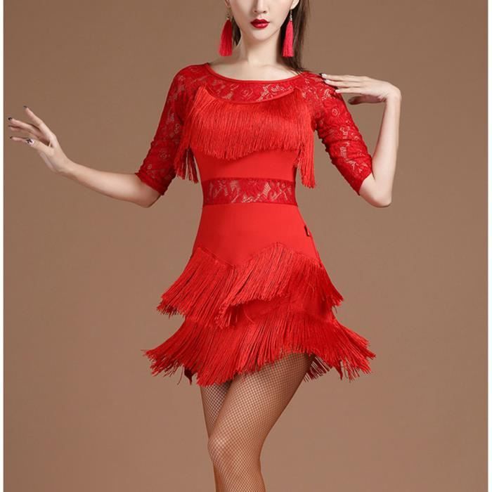 Robe de Performance de Danse de Tango Jazz Latin elegant Manches de Couture de Dentelle Robe de Danse a glands Asymetrique rouge Rouge Cdiscount Pret a Porter