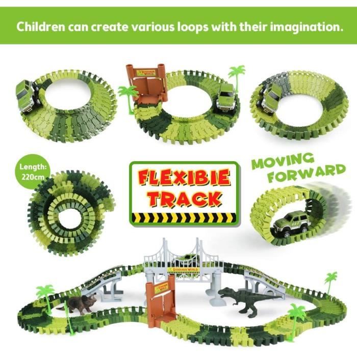 Circuit De Voiture Dinosaure Flexible – 142 Pièces, Pont, Signalisation, 2 Dinos – Cadeau Génial Pour Enfant De 3 à 6 Ans !