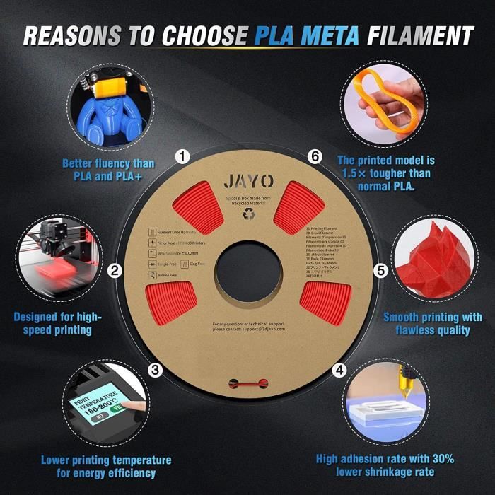 JAYO Filament 1.75 PLA Meta, Filament d'imprimante 3D PLA Meta, Bobines de  1,1 kg, Meta PLA Noir, Précision dimensionnelle 1,75 15 - Cdiscount  Informatique