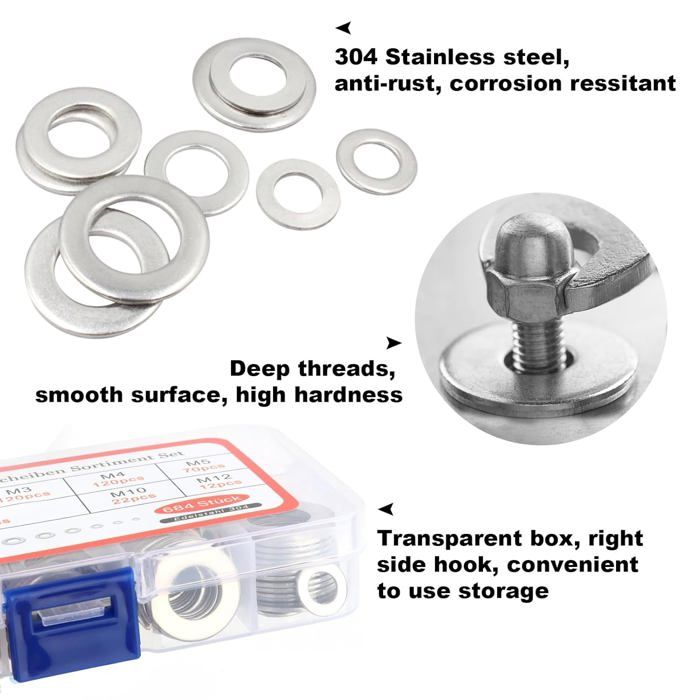 Rondelles Metal, 684 Pièces Rondelles Pour Gonds De Porte Rondelles Plates Acier Inoxydabl Pour