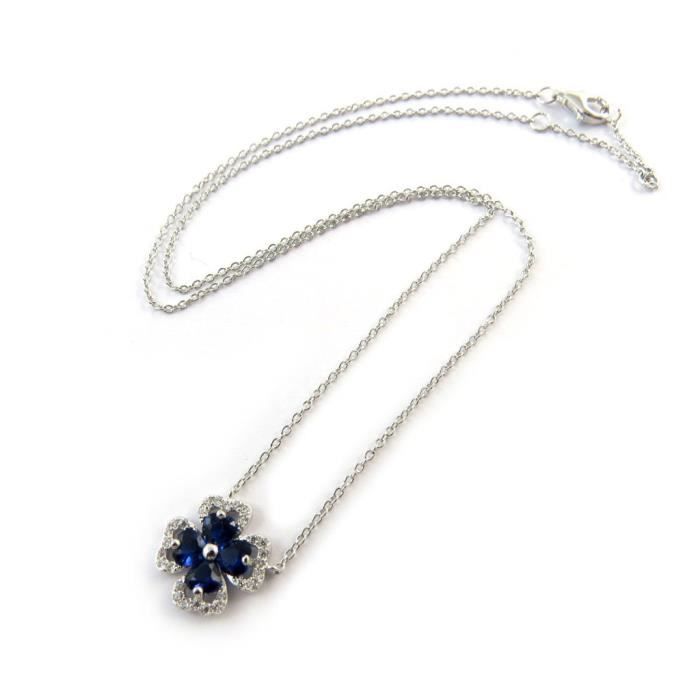 Collier Pendentif Trèfle Saphir & Diamants CZ Argent - Dolly-Bijoux, 44 Cm, Neuf Avec étiquette