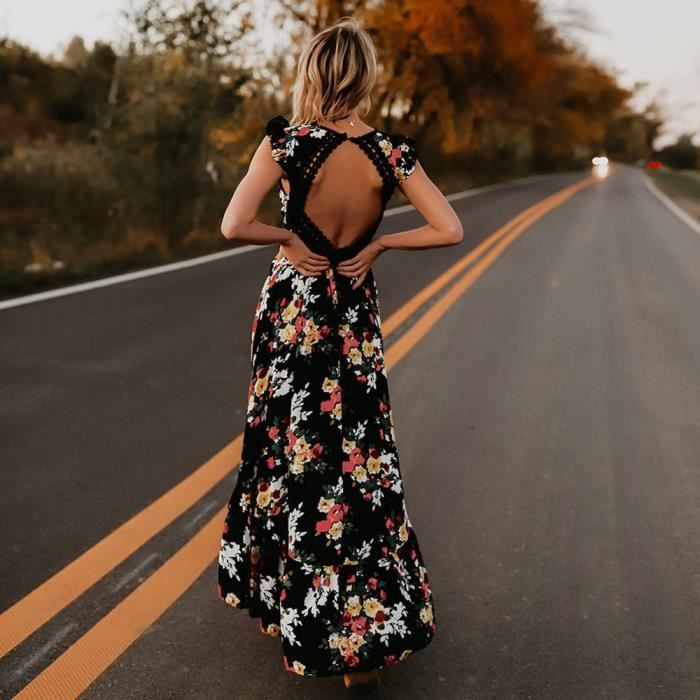 OS Femmes D ete Floral Fleur Col V Profond Sexy Dos Nu Asymmertrica Robe BK XL Noir Noir Cdiscount Pret a Porter