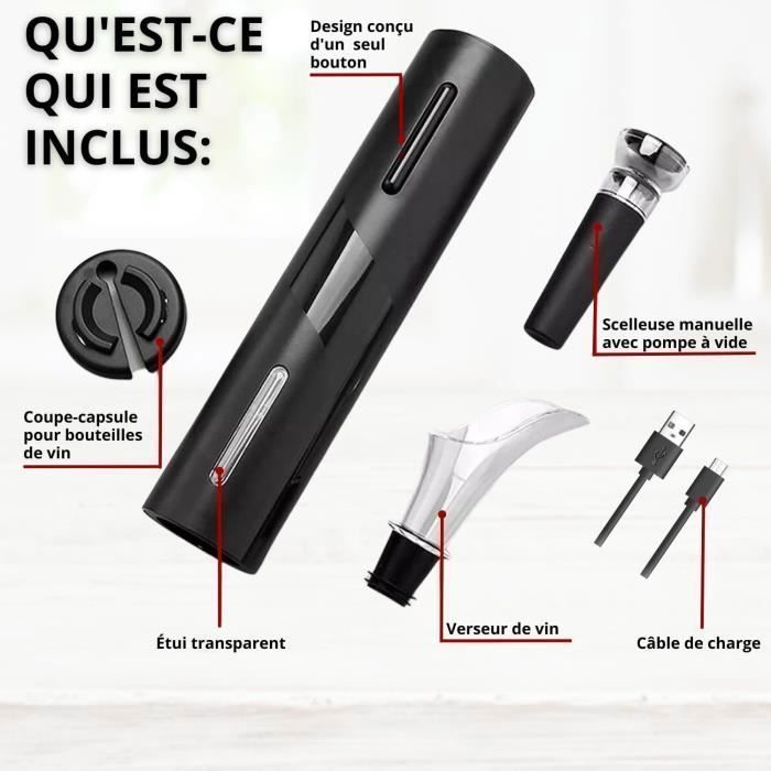 Tire-bouchon électrique Rechargeable FOHERE – Avec Aérateur De Vin, Coupe-capsule, Bouchon Sous Vide Et Socle Chargeur
