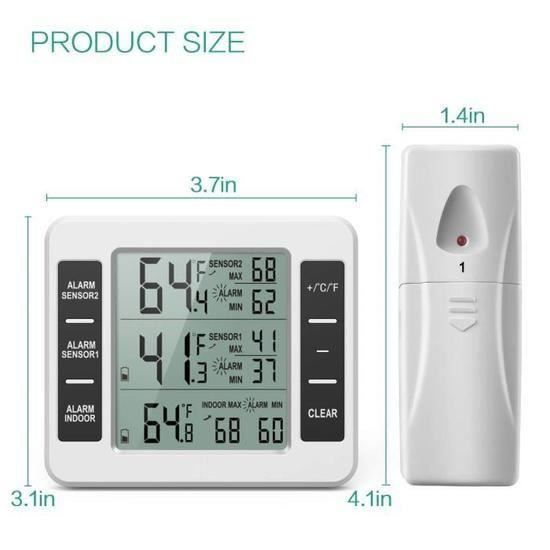 Thermomètre de Frigo Congelateur, Thermomètre de Réfrigérateur sans Fil  avec 2 Capteurs, Alarme Sonore, Min/Max, Thermomètre in/Exté - Cdiscount  Maison