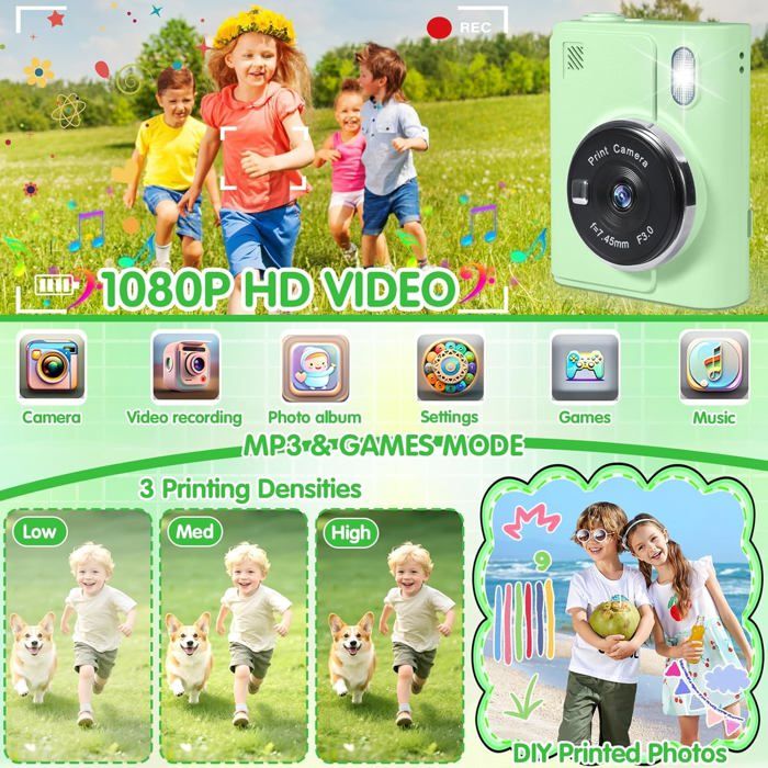 Appareil Numérique Enfants 12 MP Jeux éducatifs Appareil Photo Instantané Pour Enfants 1080p – écran 6,1 Cm, 32 Go, 3 Rouleaux Papier, Cadeau Anniversaire 3-12 Ans