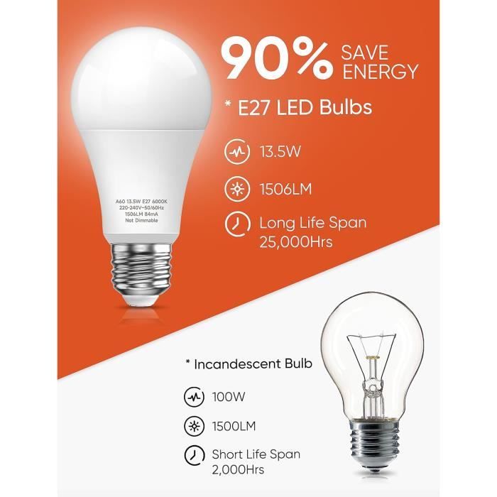 Ampoule LED E27, Blanc Froid 6000K, 13.5W Équivalent à 100W, Ampoule  Standar A60 avec Culot à Vis, 1506Lumens, Angle[S166]