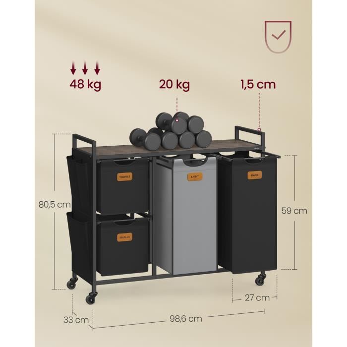 Panier à Linge 4 Compartiments Corbeille 150 Litres Bac Roulettes Chariot Avec étagèr - Panier à