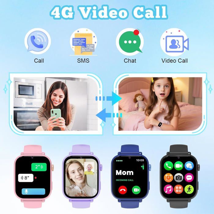 Fitonme Montre Intelligente Enfant 4G GPS - Appel Vidéo, Podomètre, Geo-Fence, SOS, Écran HD, Smartwatch Anti-Perte Pour Garçons Filles