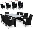 Deuba Salon de Jardin 17 pièces en polyrotin Noir - 8 Chaises empilables 1 Table avec Plateau en Verre - 8 Coussins Beige…-0