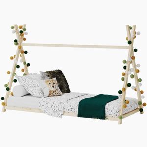 WEBER Lit cabane enfant Montessori - Pin massif - Naturel - Sommier inclus - 90x190 cm - Modèle SIOUX