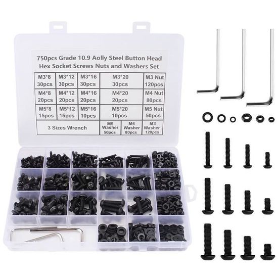 Kit De 500 Pièces Vis Boulons écrous M3 M4 M5 - Tête Hexagonale Creuse Et Bouton, Noir, Neuf