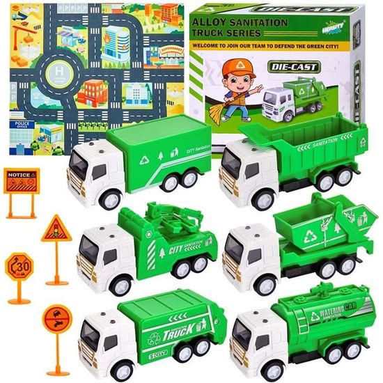 Hersity 11 Pieces Camion Poubelle Jouet Enfant Avec Tapis Et Panneaux De Signalisation Pull Back Voiture Cadeau Pour Enfant Garcon F Cdiscount