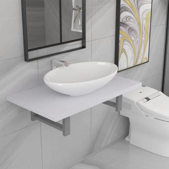 Elégant Ensemble Meuble de salle de bain simple vasque + étagère Contemporain - 2 pcs SALLE DE BAIN COMPLETE Céramique Blanc 13277