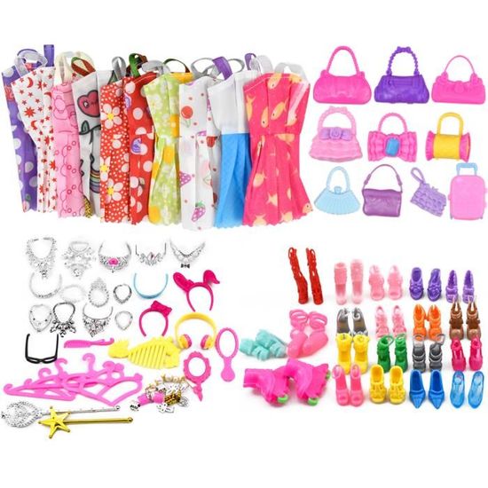 Lot de 17 vêtements et accessoires pour vêtements Barbie, 3 robes à  paillettes, 5 robes dos nu, 2 robes tendance, 2 maillots de bain et 5  chaussures