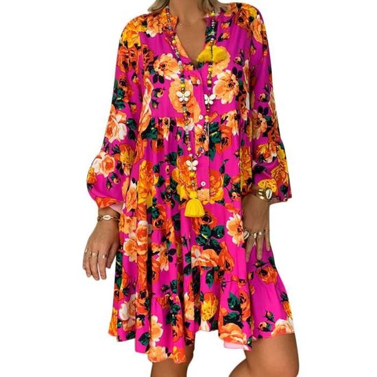 Robe Bohème Femme Manches Longues – Col V, Imprimé Vintage, Coupe Large Décontractée