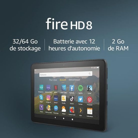 Tablette Fire HD 8, écran HD 8" (20,3 cm), 32 Go (Noir), Sans publicités