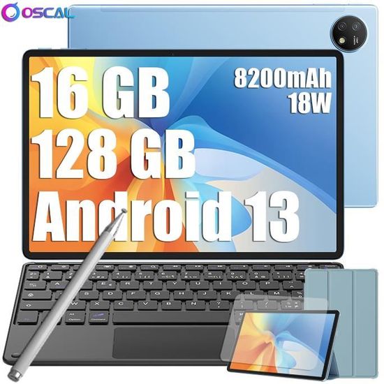 Oscal Pad 16 Tablette Tactile Android 13 10,51" 16Go+128Go-SD 1To 8200mAh 13MP+8MP 5G Wifi Stylet Gratuit Bleu Avec Clavier K1