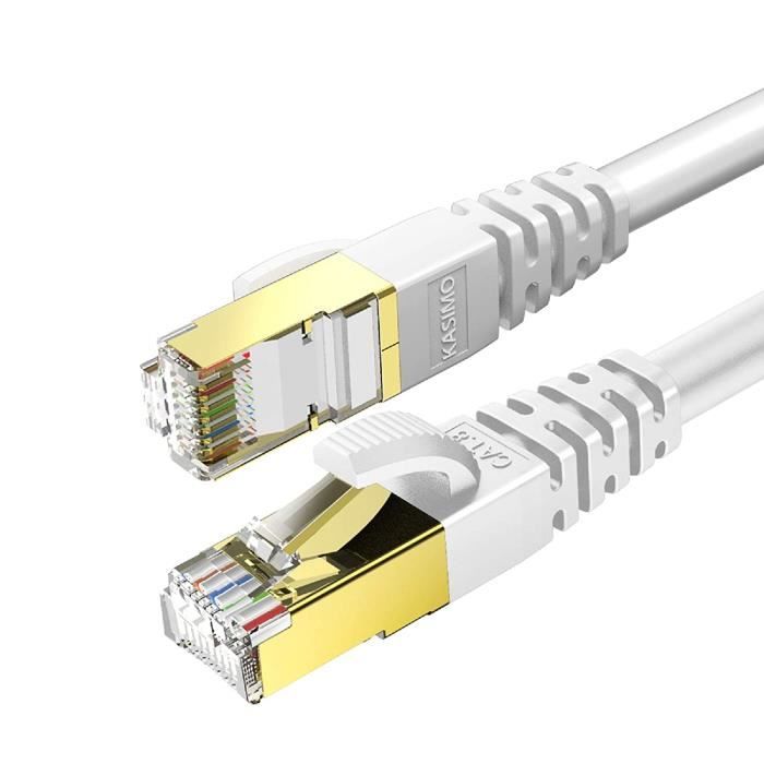 Câble Ethernet CAT 8 KASIMO - 40 Gbit/s - 2000 MHz - 0,5m Noir - Connecteurs Or - Pour Gaming, Server
