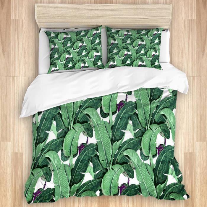 Housse De Couette 90x190 Cm + 2 Taies - Microfibre Douce, Imprimé Rétro Palmier, Fermeture Zip