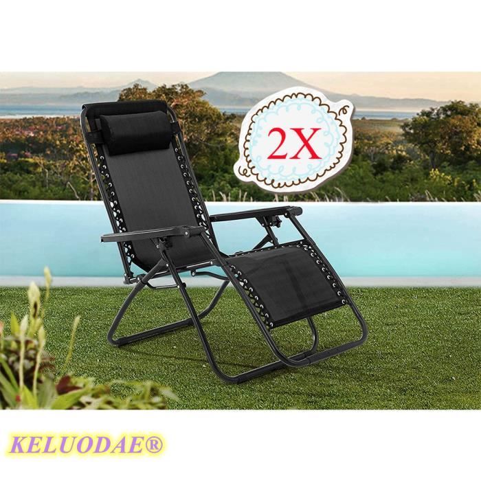KELUODAE NOIR 2x Chaise de Plage Pliante D'extérieur, Transat de Jardin, Matériau : Acier, Oxford (polyester)