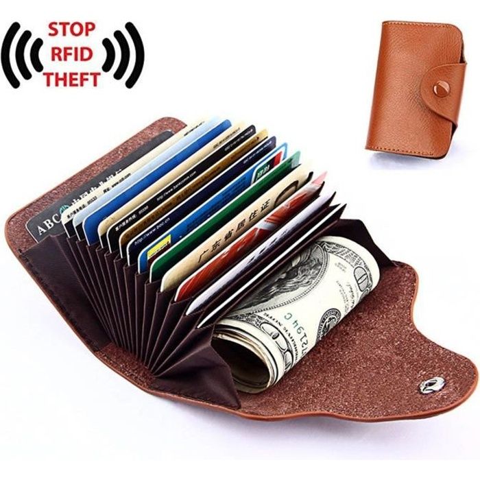 RFID Cuir Porte-carte de crédit en cuir véritable et cartes de visite 15 compartiments en(Brun)