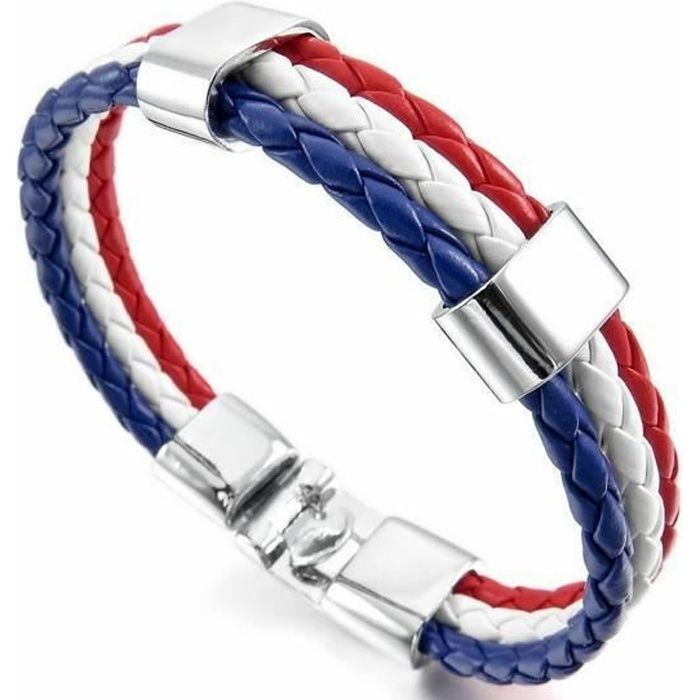 Hommes, alliage en cuir pour femme Bracelet manchette Argent Bleu Blanc Rouge France Drapeau français