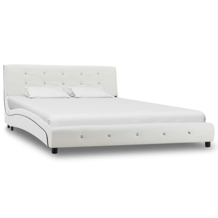 Cadre De Lit Similicuir :Double 140*200 Cm - Lit Design Capitonné - Sommier Inclus&Pieds En Acier - Blanc