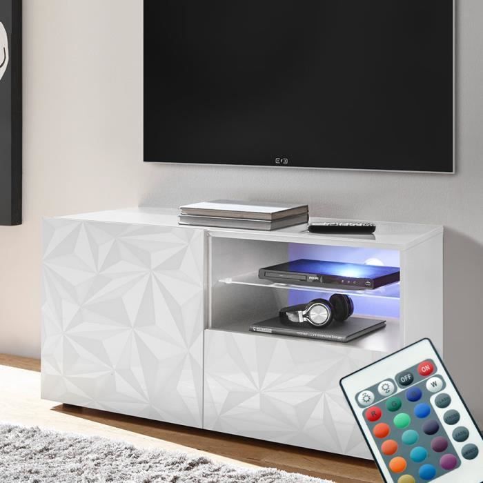 Meuble TV LED 120 cm laqué blanc design PAOLO Blanc L 122 x P 42 x H 57 cm