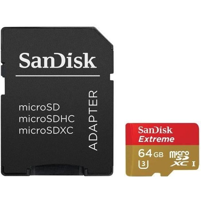 SanDisk Extreme UHS-I microSDXC 64 Go + Adaptateur SD - Carte MicroSDXC UHS-3 classe 10 pour caméras sportives en Full HD et 4K U