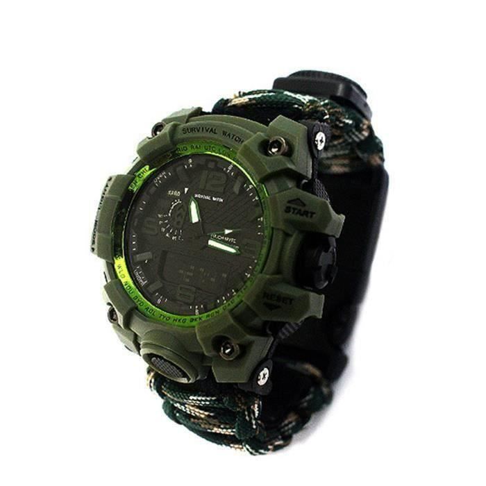 7 en 1 multi-fonction mode sports de plein air montre electronique bracelet tisse a la main parapluie corde camping randonnee