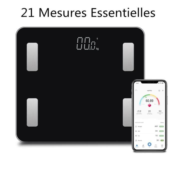 Pèse Personne Impédancemètre - Balance Connectée Bluetooth avec Smartphone App - 21 Données (IMC/Taux de Graisse/Poids Osseux) -Noir