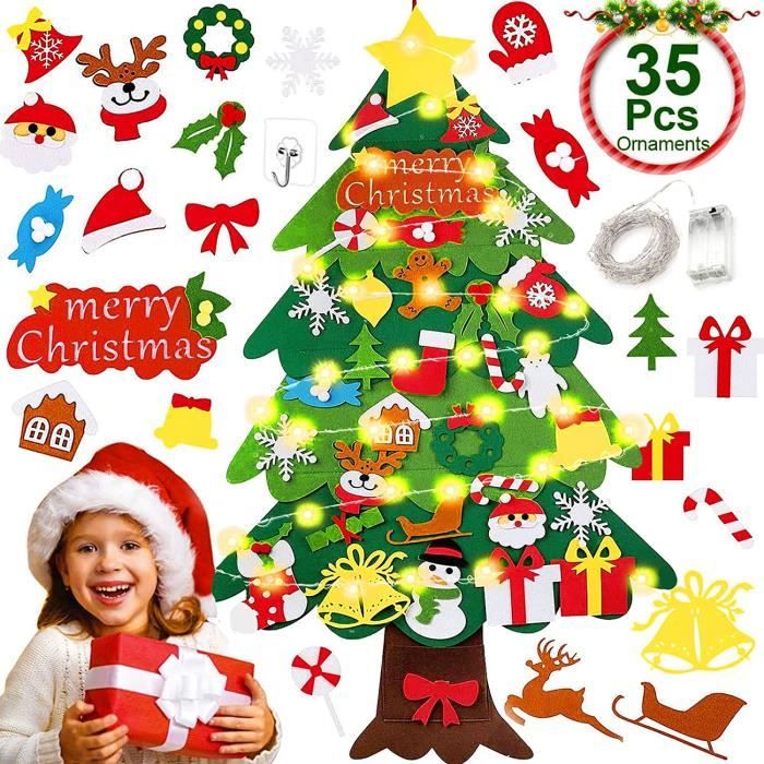 Fansport 3,2ft Double de Face DIY Feutre Arbre de Noël pour Les Enfants Deux Guirlandes Lumineuses de 16,4 ft Sapin de Noël Feutrine avec 40 PCS Ornements Détachables