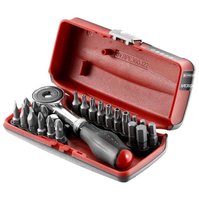 Coffre d'embout avec cliquet porte-embout de 1-4- de diamètre à manche rotatif Facom R.PE360J22PB