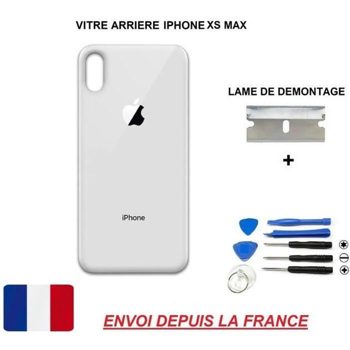 vitre arrière IPHONE XS MAX 6.5 ARGENT BLANC qualité origine en verre, coque cache batterie double face Adhésifs et kit outils lame