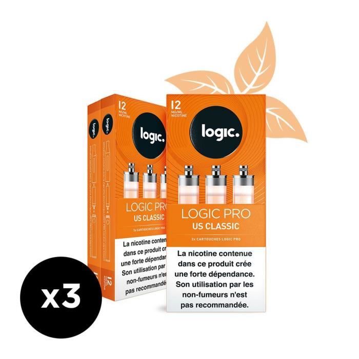 Logic PRO - Goût US Classic - 12 mg - 3 packs de 3 cartouches d’e-liquide.