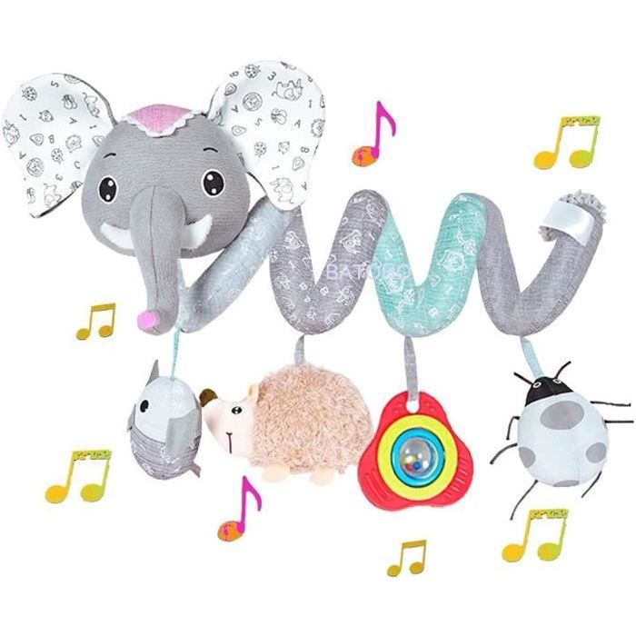 Spirale Jouets, Jouets pour bébés, Spirale d’activité avec Jouets à Suspendre à la Poussette pourjouets de poussette d'éléphant gris